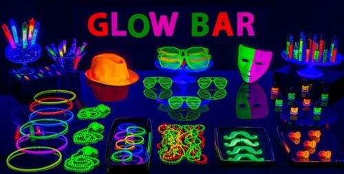 Find over 20 Glow in the dark party ideas that are easy and budget friendly. Your next party will be fabulous with these glow in the dark party decorations. Glow bar with selection of glow in the dark items.