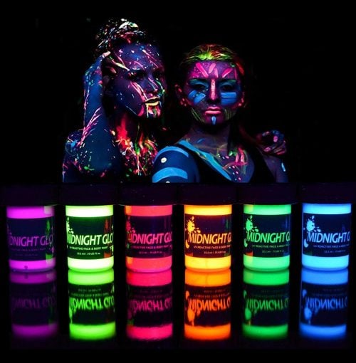 Find over 20 Glow in the dark party ideas that are easy and budget friendly. Your next party will be fabulous with these glow in the dark party decorations. Bottles of UV Face Paint.