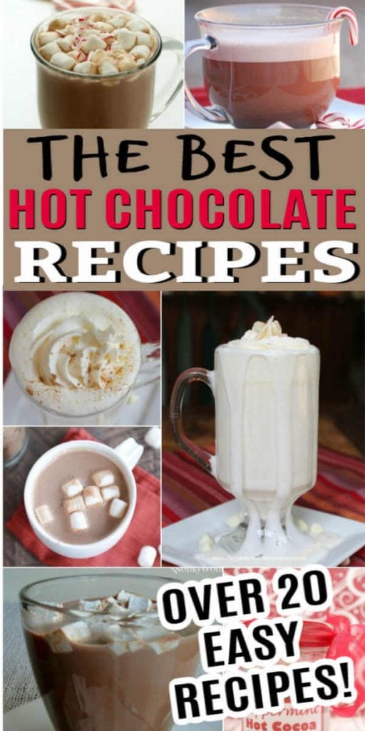 Try these easy hot chocolate recipes for an amazing treat everyone will love this Winter. 20 of the best hot cocoa recipes. You will love these homemade hot chocolate recipes that are made in the crock pot, some with cocoa powder. Learn how to make your own hot chocolate at home! #eatingonadime #hotchocolaterecipes #drinkrecipes #winterrecipes
