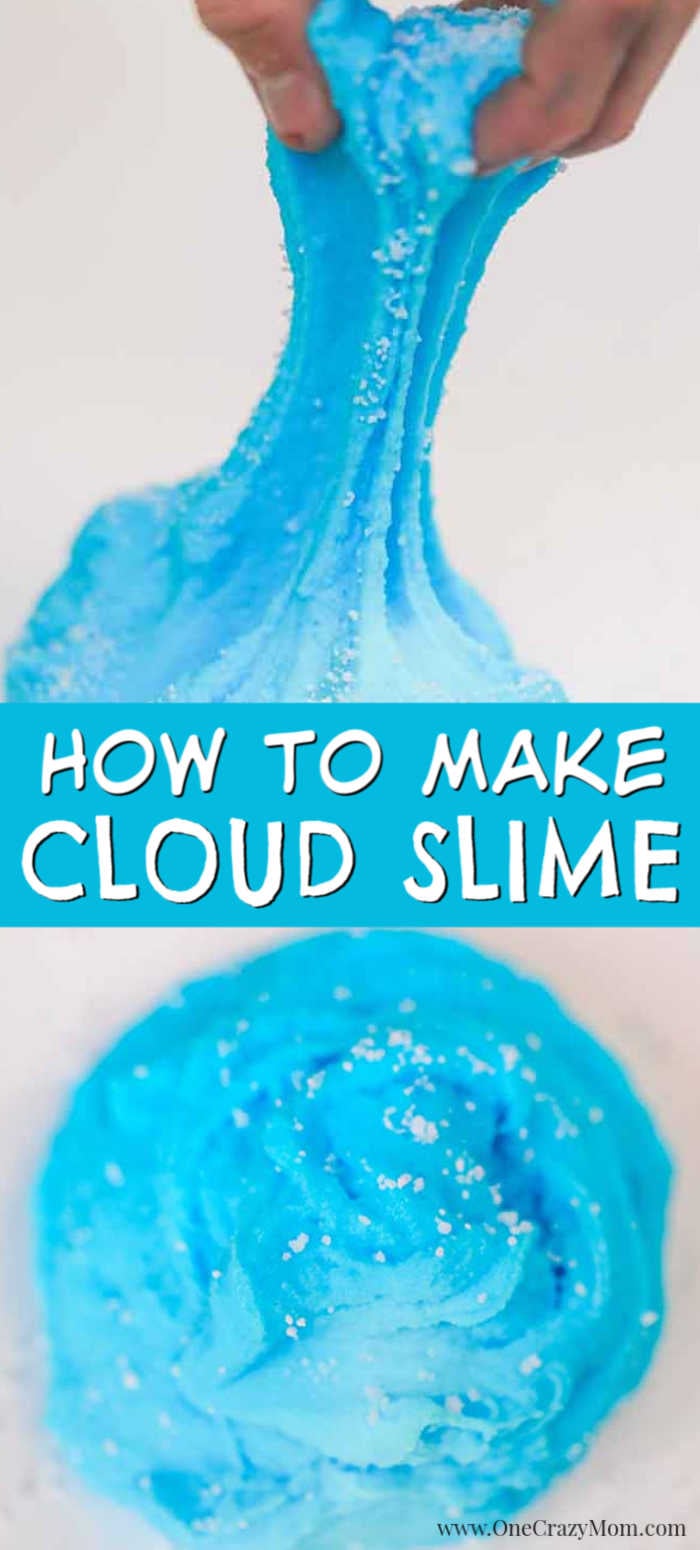 We have the best cloud slime recipe and it is super easy to make. If your kids love slime, they are going to love to learn how to make cloud slime. Blue cloud slime being pulled apart with a hand.