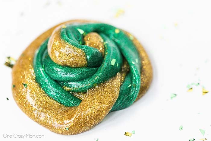Everyone loves to make slime and your kids will go crazy over this St Patrick's Day Slime. It is so glittery and fun to make and play with. St Patrick's Day Slime swirled together.