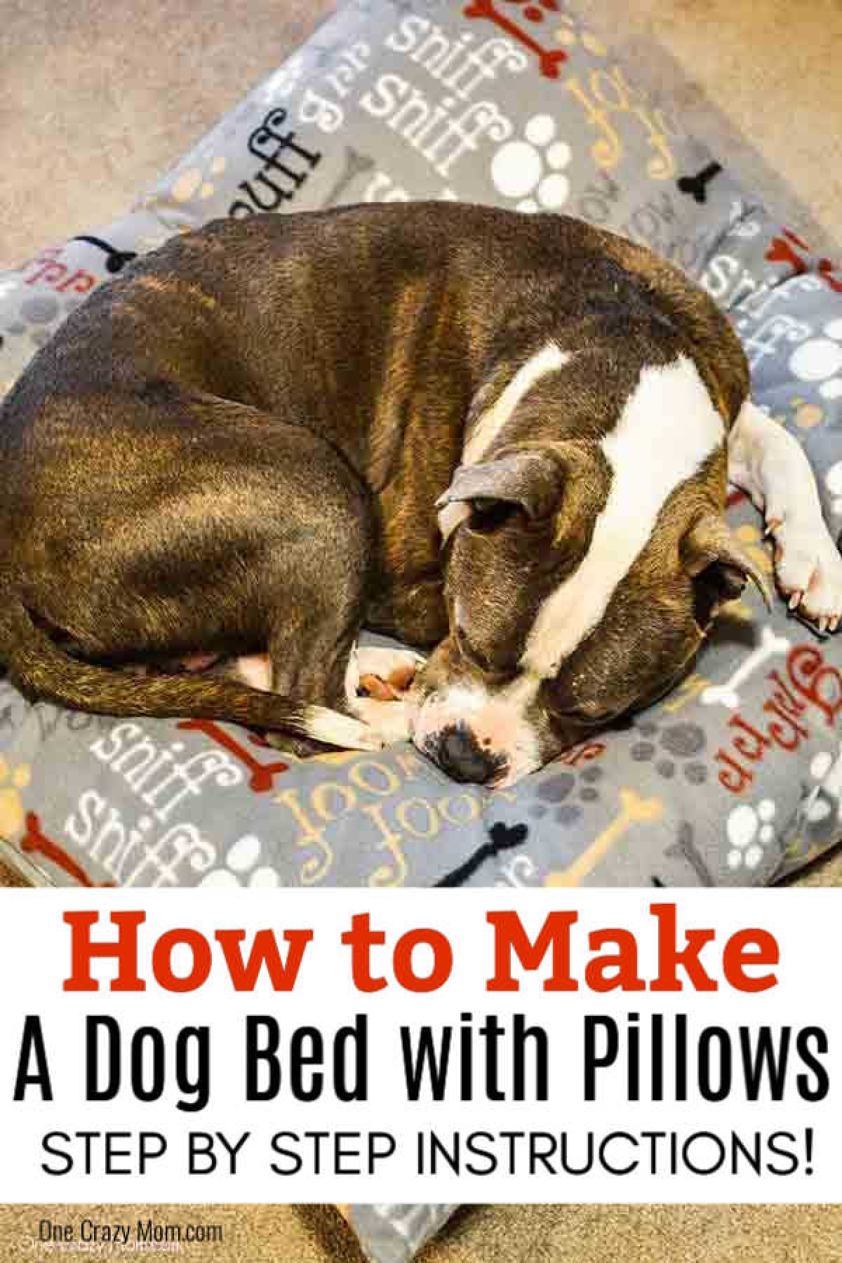 This DIY Dog Bed is super easy to make with step by step instructions using pillows and fleece. It is so easy to remove and clean. Dog laying on a dog bed.