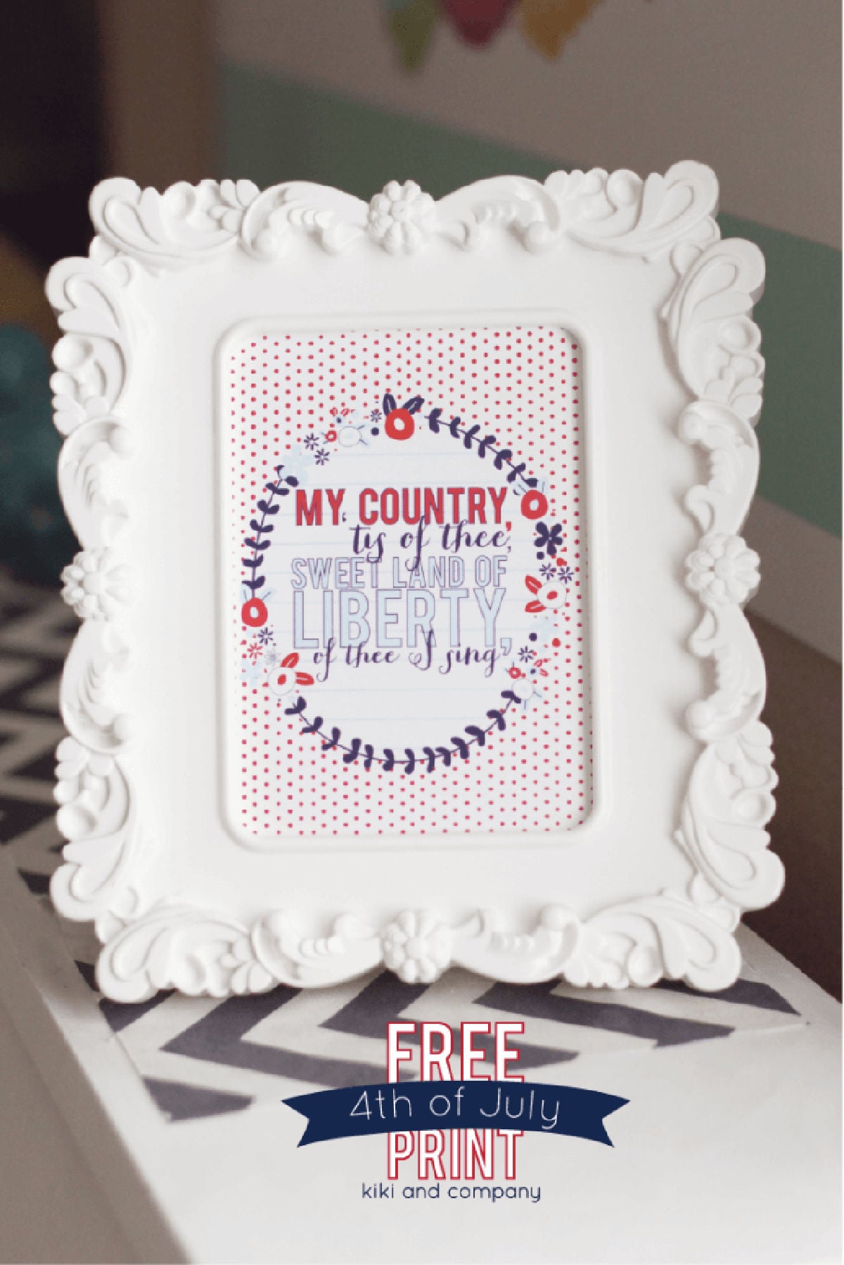 Use one of these free 4th of july printables to decorate your home for less. These patriotic 4th of July printables are easy to print for your home. Grab an inexpensive frame for fourth of july printables and you are set! White frame with July 4th printable.
