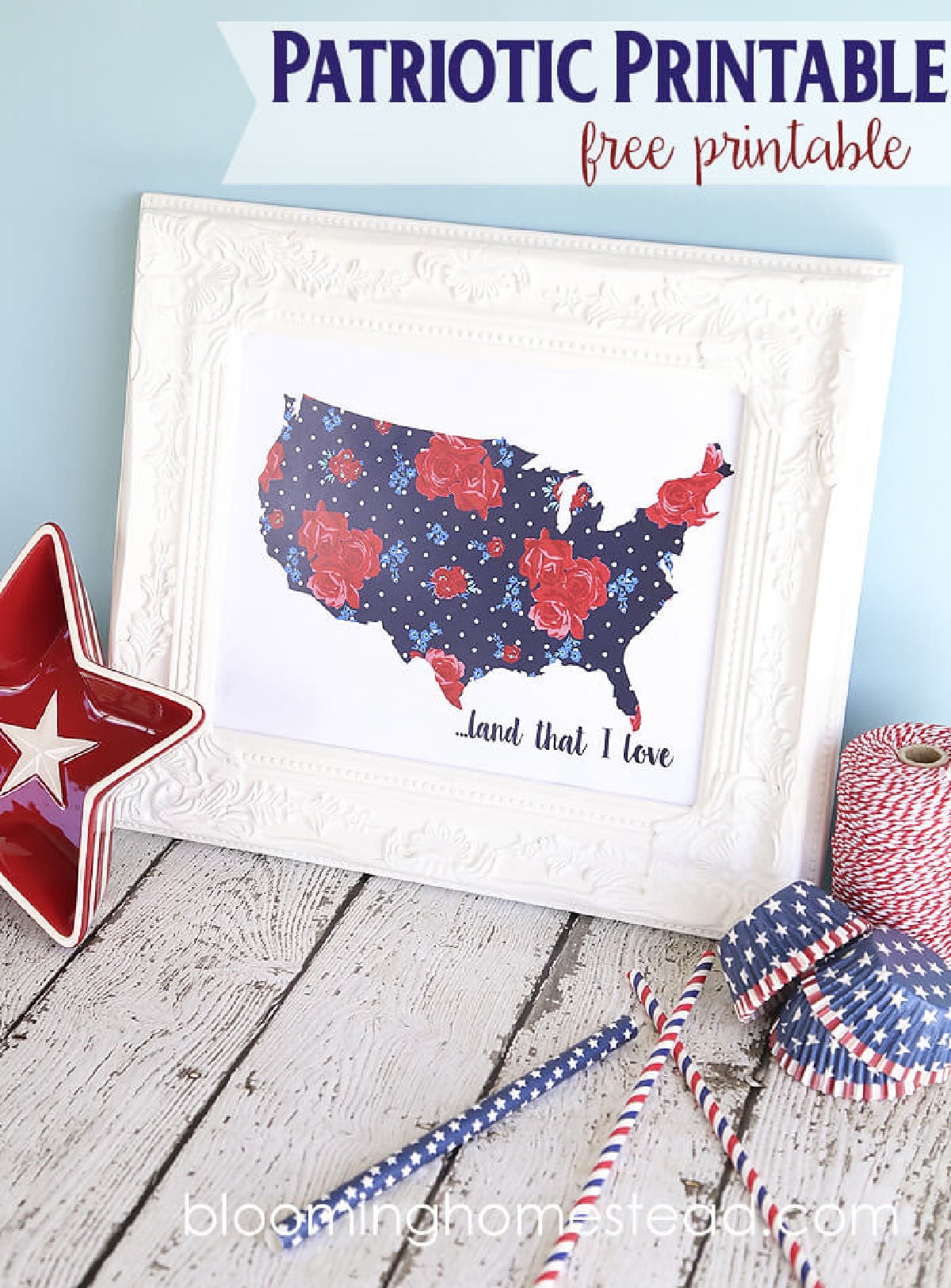 Use one of these free 4th of july printables to decorate your home for less. These patriotic 4th of July printables are easy to print for your home. Grab an inexpensive frame for fourth of july printables and you are set! Floral united states framed in a white frame.