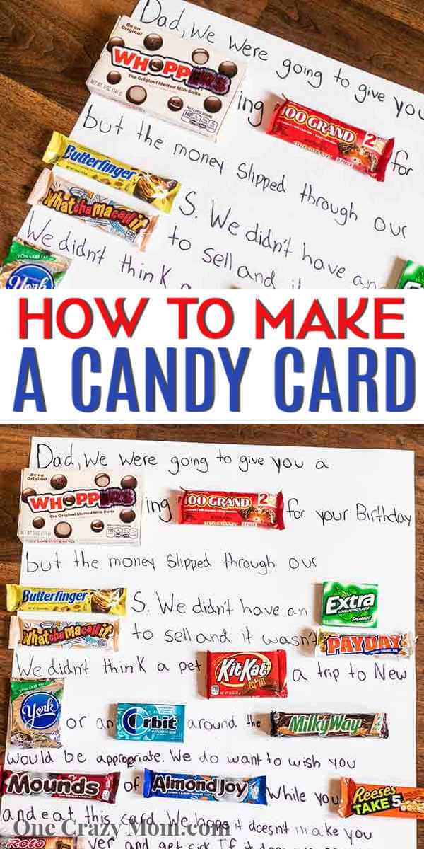 Learn how to make a Candy Card for birthdays, special occasions and more. This diy candy bar card is so fun and really tasty too! Candy card ideas are perfect for dad, for friends and for kids. #onecrazymom #candycard Learn how to make a Candy Card for birthdays, special occasions and more. This diy candy bar card is so fun and really tasty too! Candy card ideas are perfect for dad, for friends and for kids. #onecrazymom #candycard
