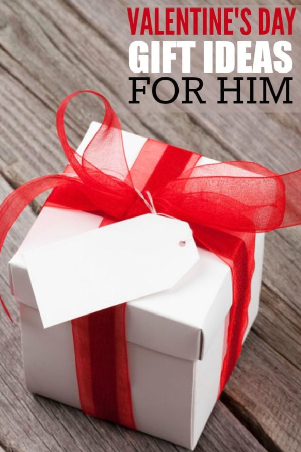 Here are some Valentines Gifts for him that your husband or boyfriend will love. 25 Frugal Valentine's day gifts for him that won't break your bank. White box wrapped in red ribbon.
