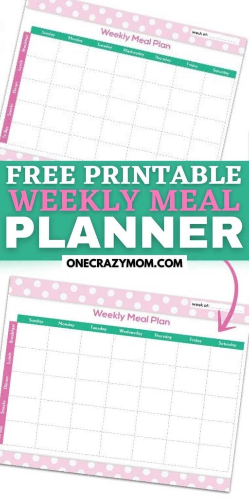 Get organized with this free printable meal planner. Plan each week and take the stress out of dinner time. You’ll love this weekly meal planner that will help your save money. You’ll love this free template. #onecrazymome #mealplanner #menuplanner