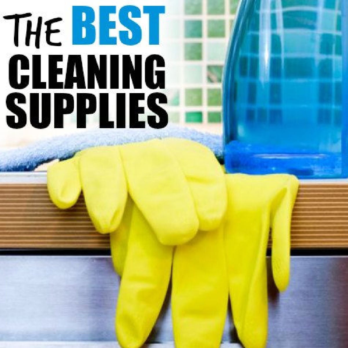 Cleaning supply spray bottle with cleaning gloves.