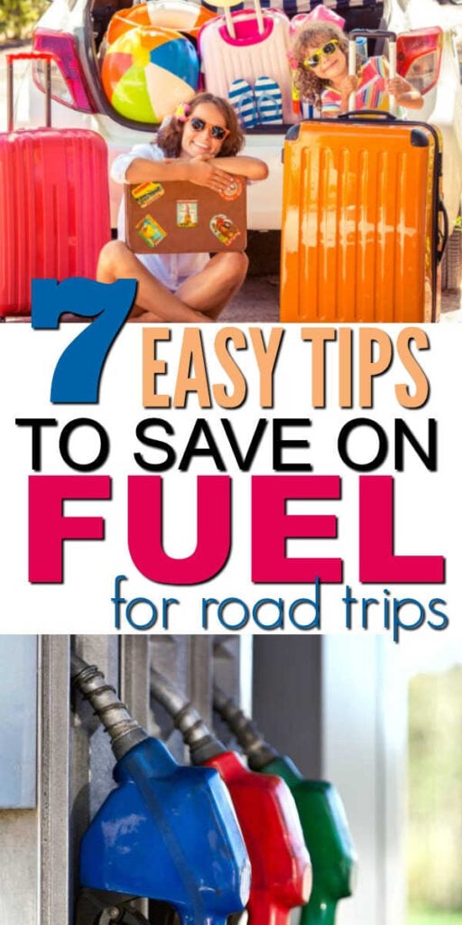 How to Save on Fuel on a Road Trip. Here are 7 easy tips on how to save on gas for family vacations. How to Increase Fuel Efficiency to save money. Close up of gas pumps.