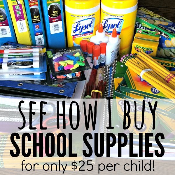 Various school supplies on a table.