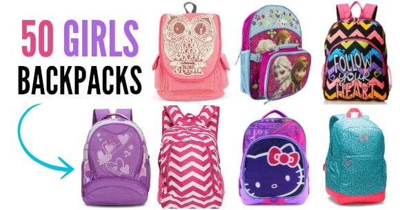 Various bookbags in a row.