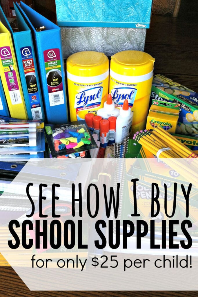 Various school supplies on a table.
