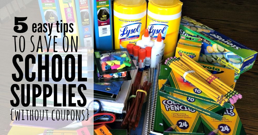Various school supplies on a table.