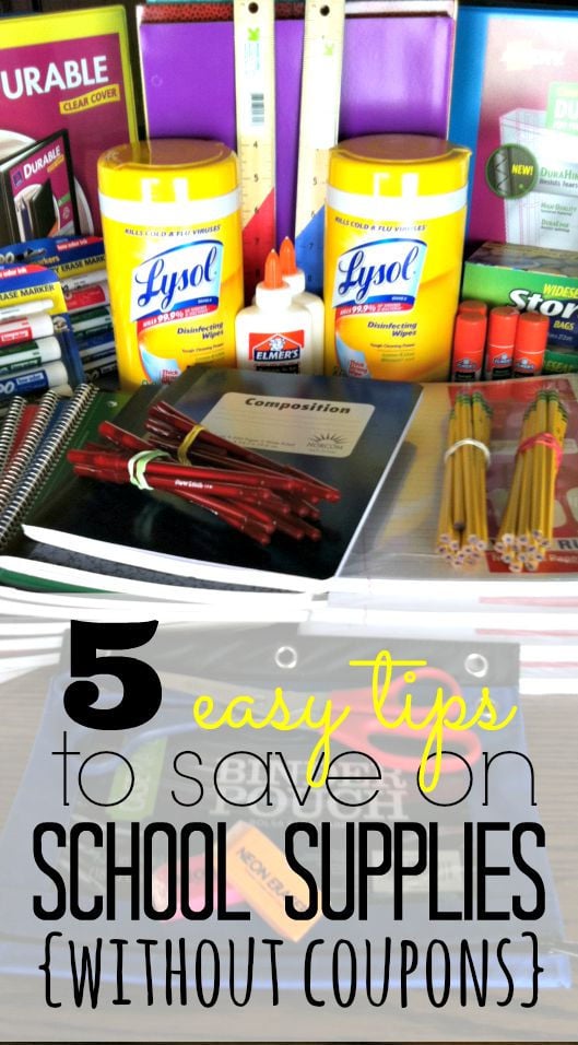 Various school supplies on a table.