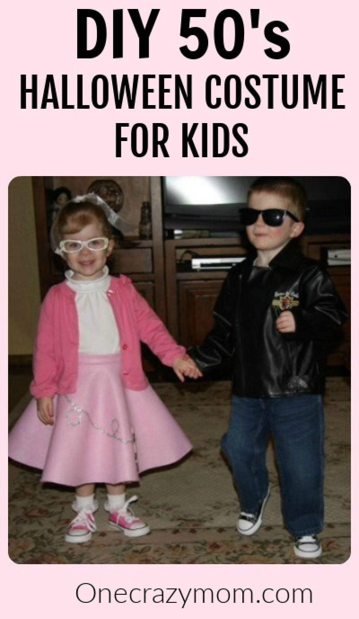 Learn how to make an easy DIY 50s Halloween costume for kids. With a few simple supplies, anyone can make this inexpensive costume. This DIY costume is the best last minute costume idea that works for girls and boys too! These Women 50 style costume is adorable and affordable too! #onecrazymom #diycostumes #halloween #halloweencostumes