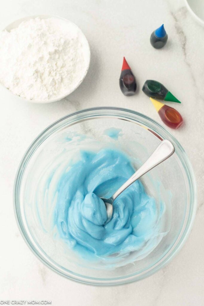 Food coloring added to dough and mixed. 