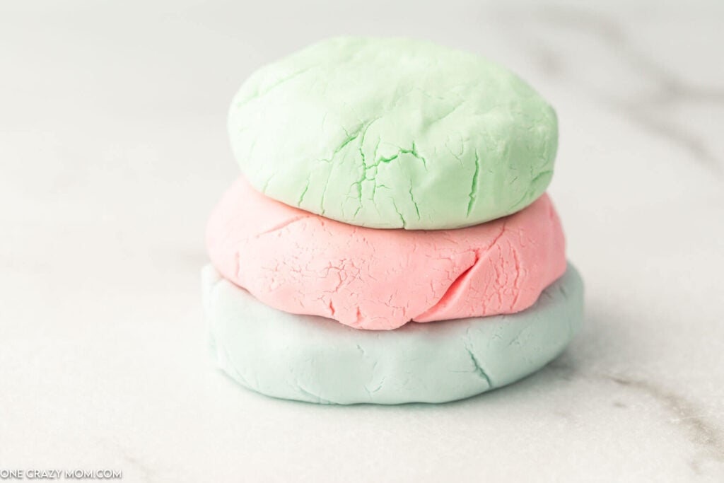 Cloud dough stacked together by color. 