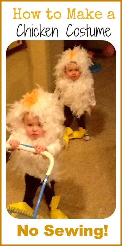 Learn how to make a chicken costume for kids. This DIY chicken costume is so easy and no sewing required. Make this frugal costume today. Learn how to make this adorable chicken costume without sewing that is perfect for babies, toddlers, boys or girls! #onecrazymom #DIYcostumes #Halloween #costumeideas