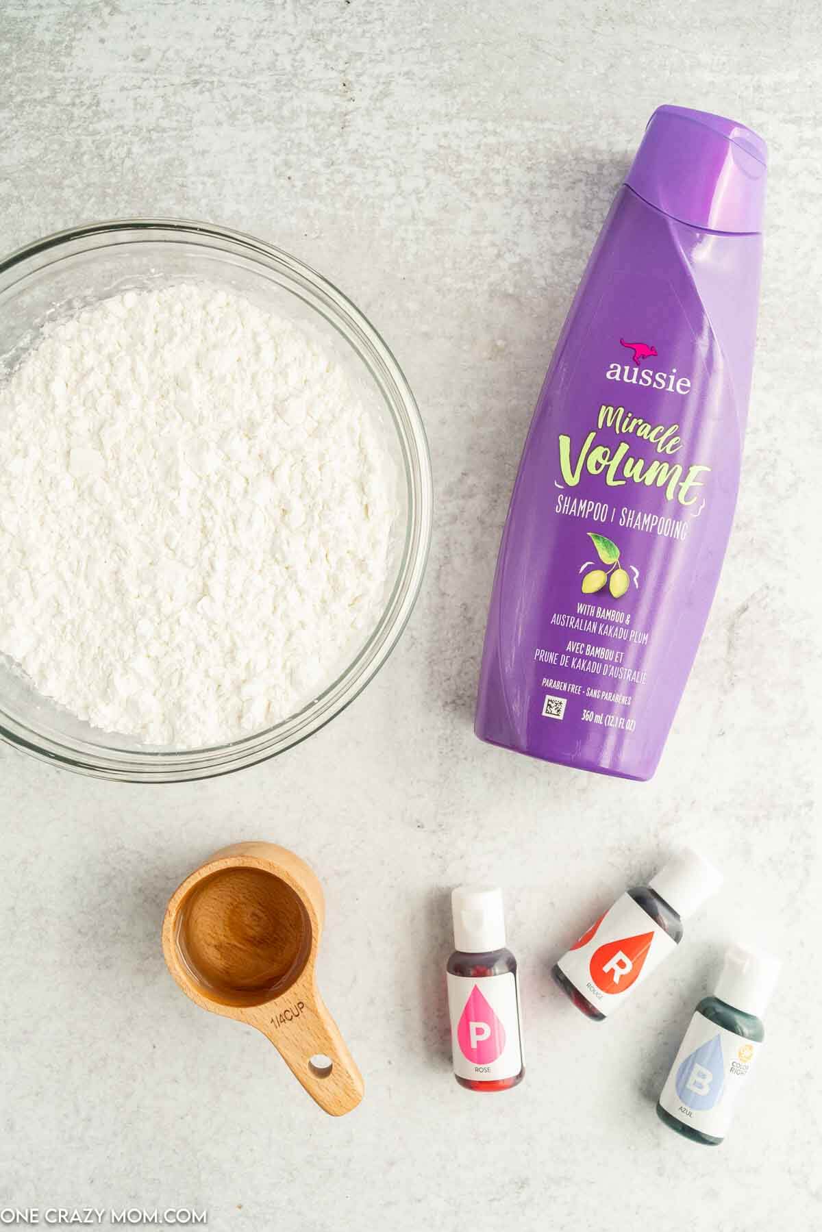 Ingredients for Shampoo Slime - shampoo, food coloring, cornstarch, water.
