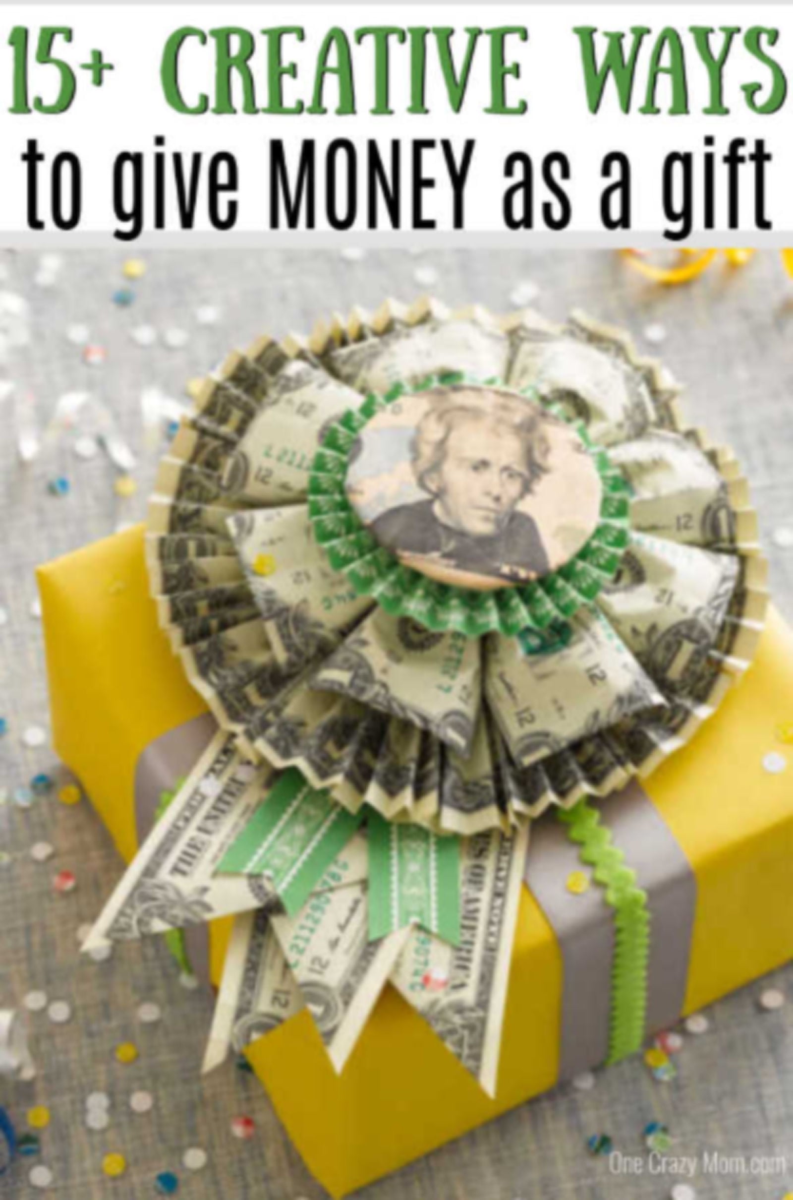 Cash shaped into a rosette and placed on gift box.