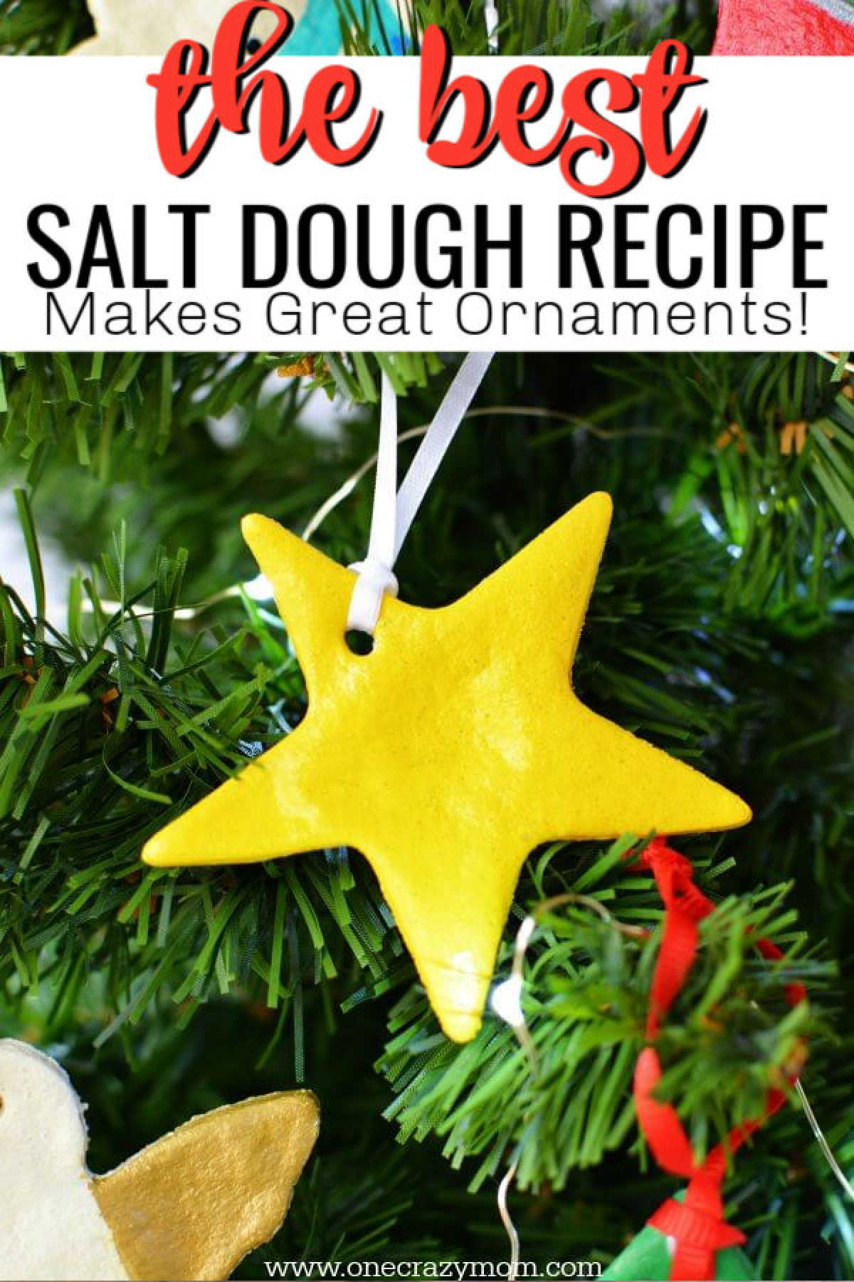 Make special memories with this simple and fun Salt Dough Ornament Recipe for Christmas. Learn how to make salt dough ornaments so easy the entire family can help! This great ornament DIY is perfect for kids. #onecrazymom #christmasornaments #DIYornaments #saltdoughornaments Salt dough ornaments on a tree.