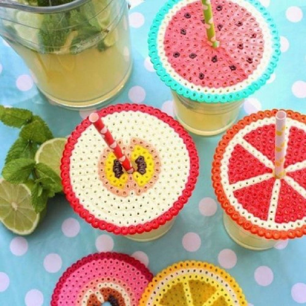 Perler bead crafts are so much fun and we have over 15 easy perler bead ideas. Choose from picture frames, magnets and so much more. Perler Bead cup tops.