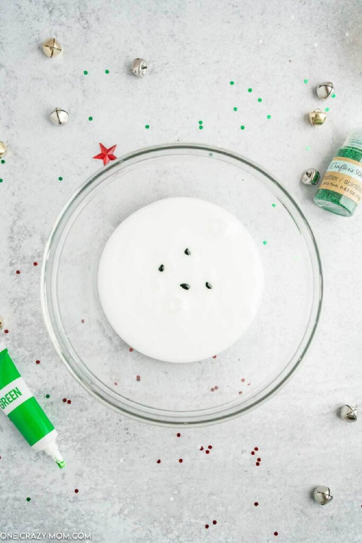 Glue in mixing bowl with green food coloring.