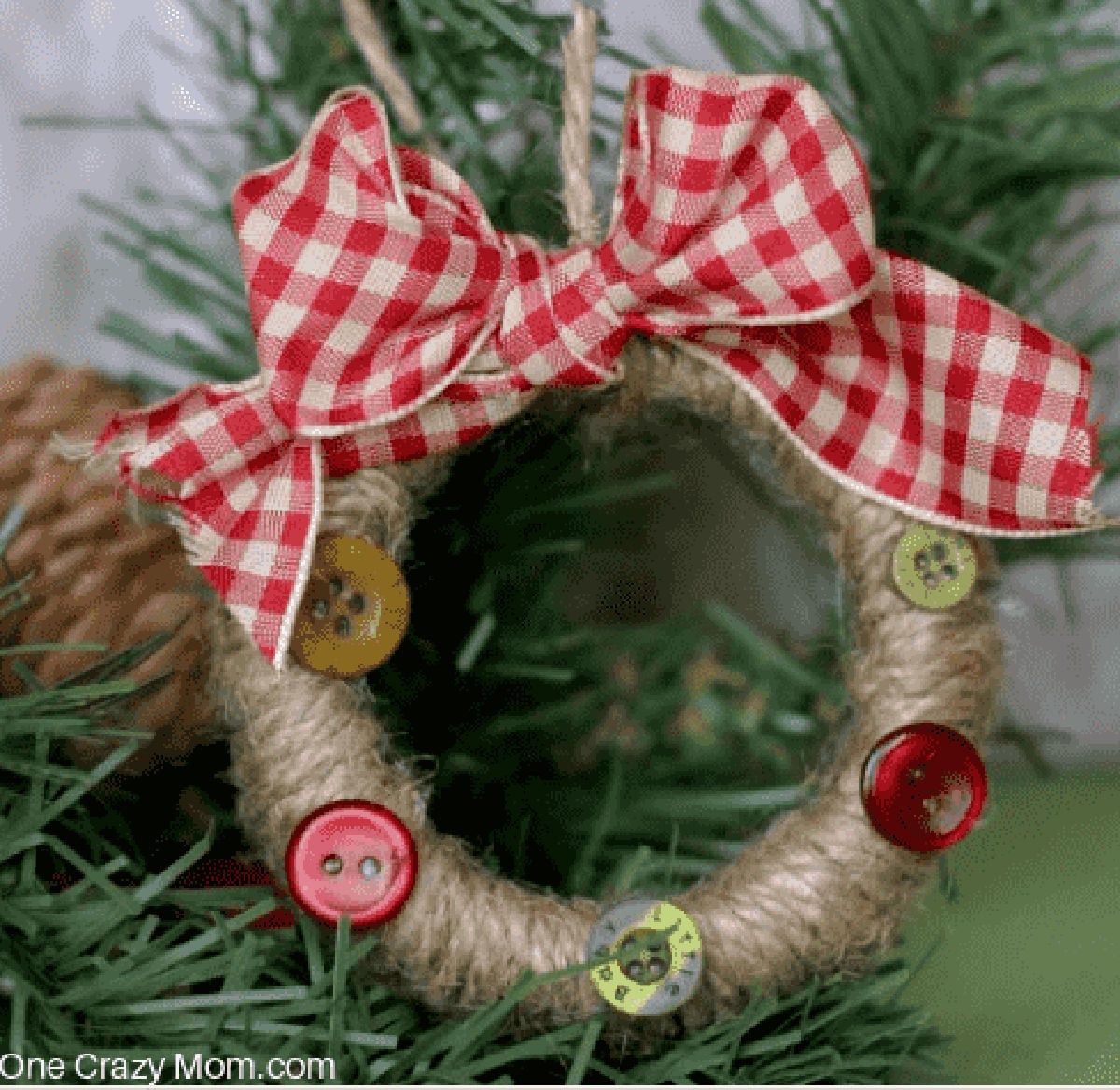 Mason jar lid ornament on tree.