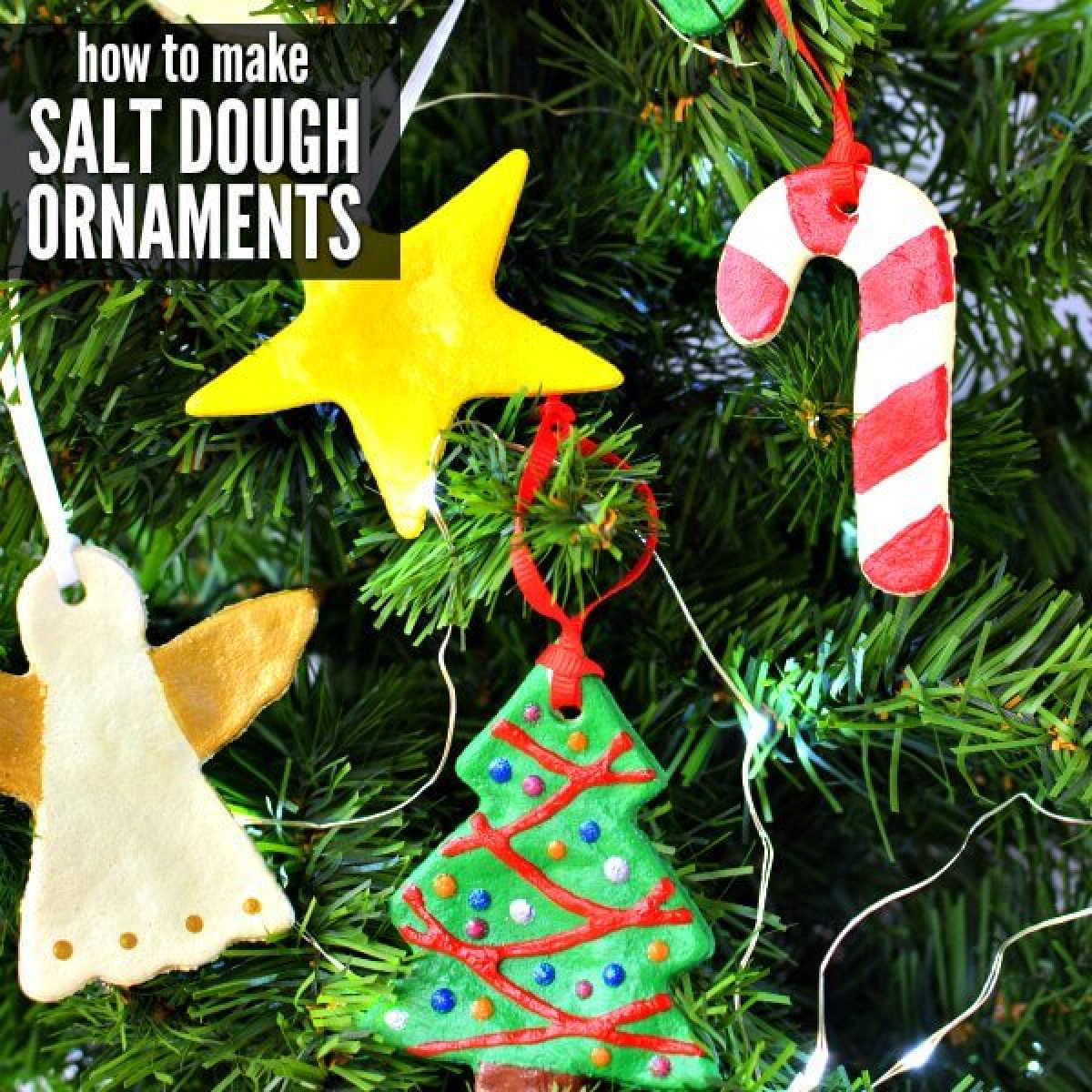 Make special memories with this simple and fun Salt Dough Ornament Recipe for Christmas. Learn how to make salt dough ornaments so easy the entire family can help! This great ornament DIY is perfect for kids. #onecrazymom #christmasornaments #DIYornaments #saltdoughornaments Salt dough ornaments on a tree.