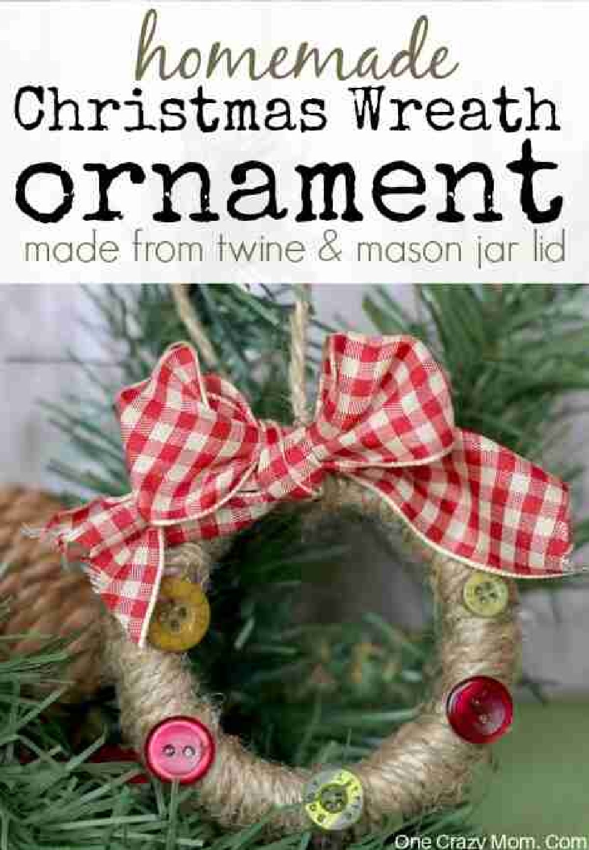 Mason jar lid ornament on tree.
