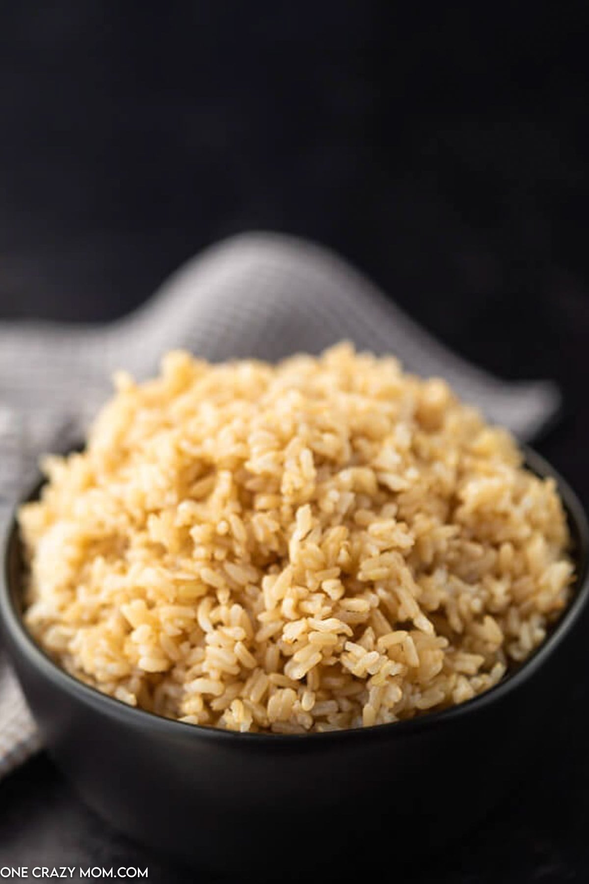 Bowl of cooked brown rice.