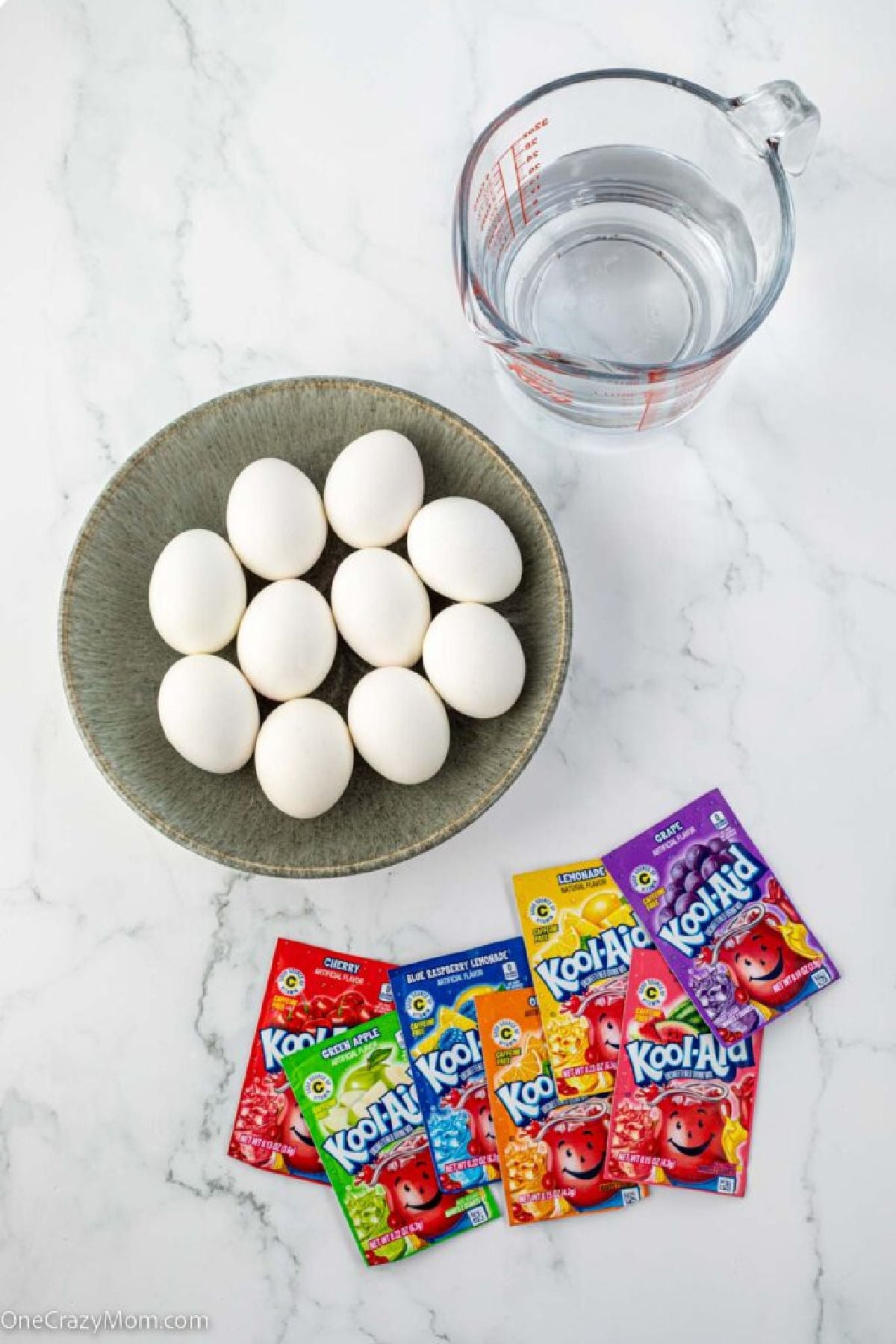 Ingredients for Kool Aid dyed eggs.