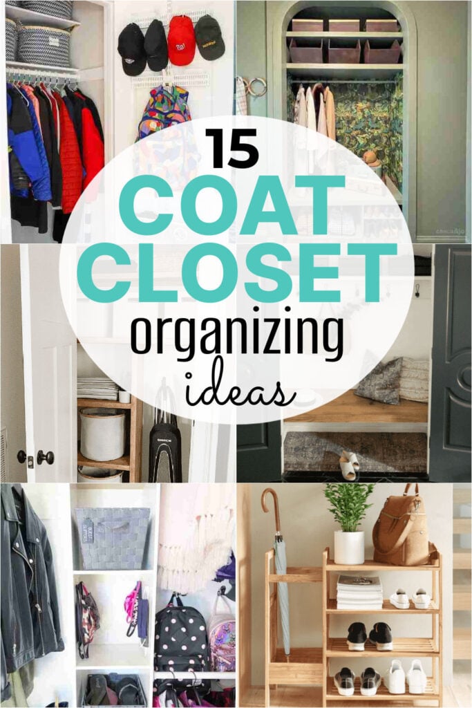 15 Coat Closet Organization ideas for the best storage solutions. Make the most of your space with these clever ideas. These ideas are great for your small, front entry coat closet! You will love these 15 super easy ideas that will organize your closet. #onecrazymom #organizationideas #coatclosetideas