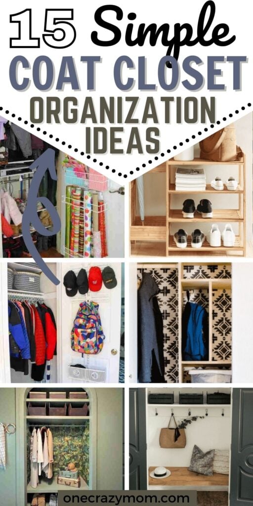 15 Coat Closet Organization ideas for the best storage solutions. Make the most of your space with these clever ideas. These ideas are great for your small, front entry coat closet! You will love these super easy ideas. #onecrazymom #organizationideas #coatclosetideas
