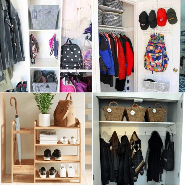 15 Coat Closet Organization ideas for the best storage solutions. Make the most of your space with these clever ideas. These ideas are great for your small, front entry coat closet that can easily get dis-organized! You will love these 15 super easy ideas that will organize your closet. #onecrazymom #organizationideas #coatclosetideas