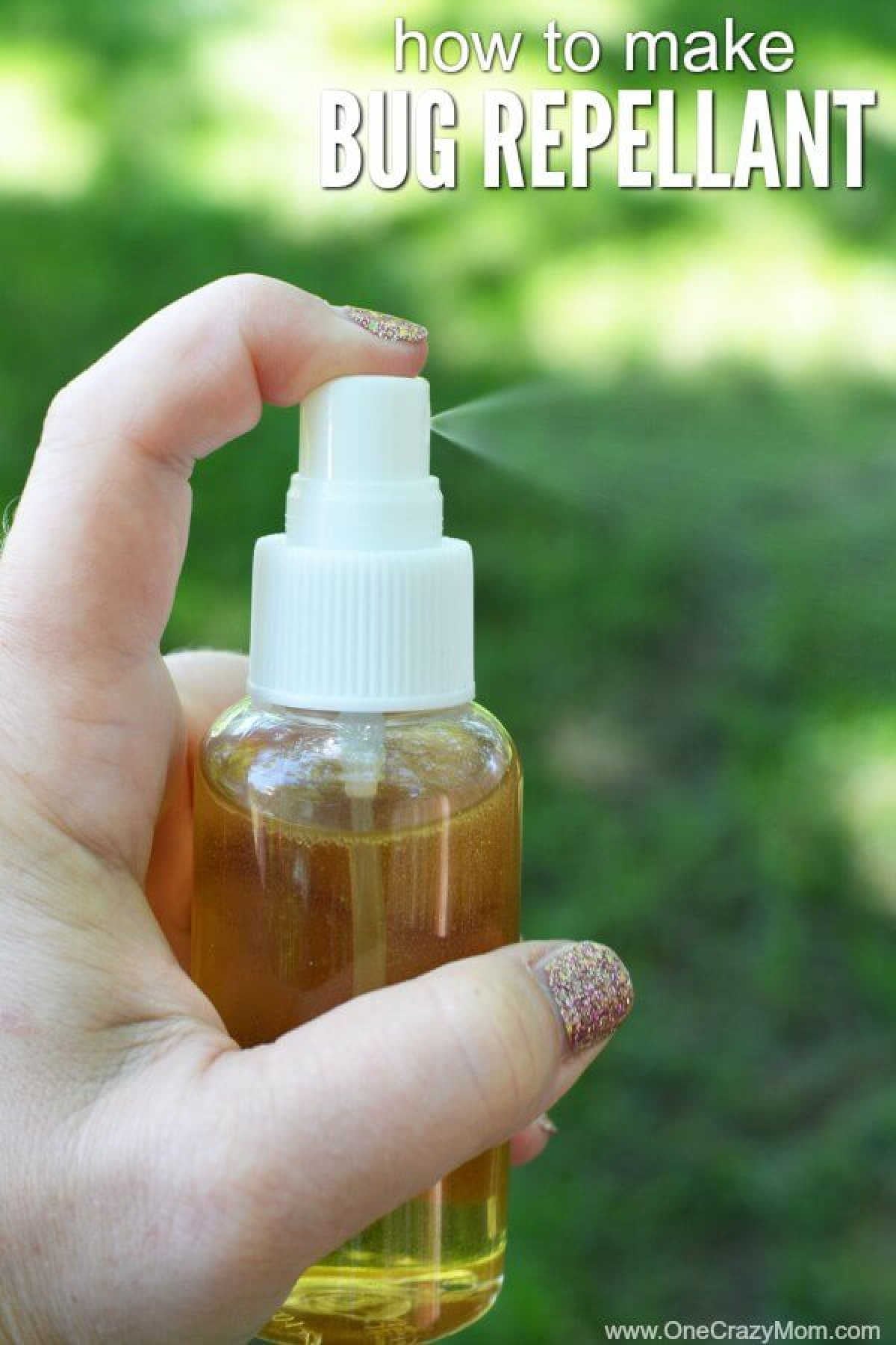 DIY Bug spray is very simple to make. This natural mosquito repellent works incredibly well and will prevent bug bites. Try this DIY mosquito repellent on the entire family. Everyone will love the fresh scent and how well it works. Bug spray being sprayed.