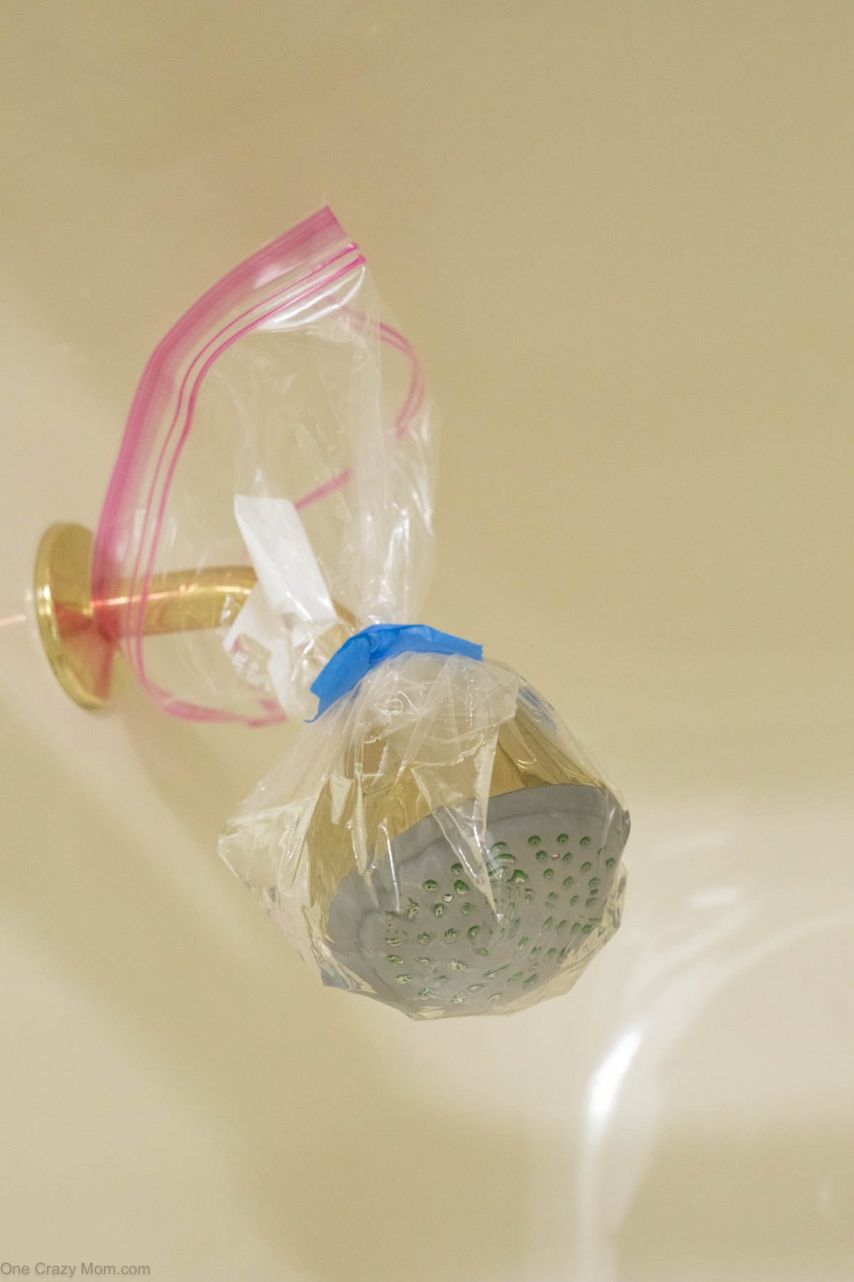 Shower head wrapped in a bag soaking.