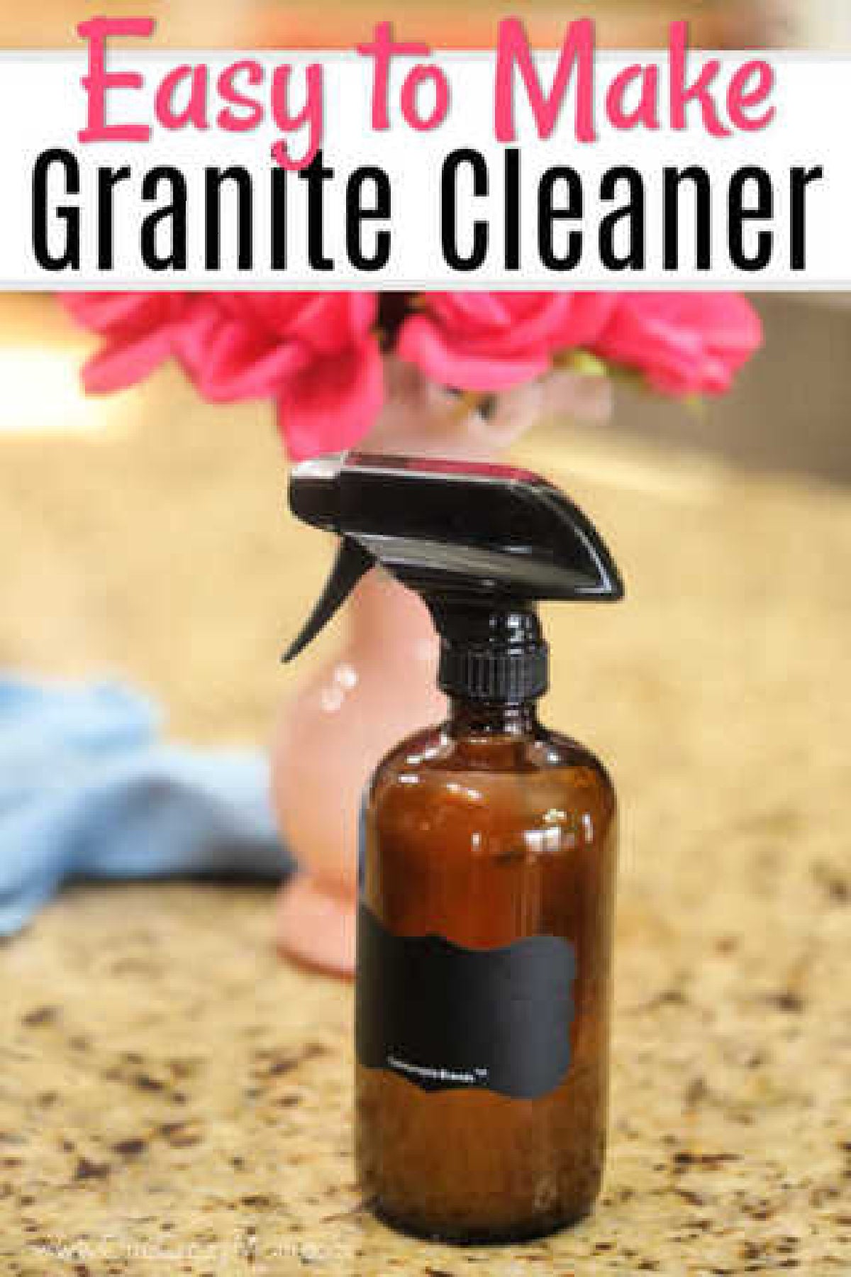 How to clean granite countertops easily with this Homemade Granite Cleaner. DIY granite cleane is easy and much cheaper than store bought granite cleaners. Bottle of granite cleaner on the counter.