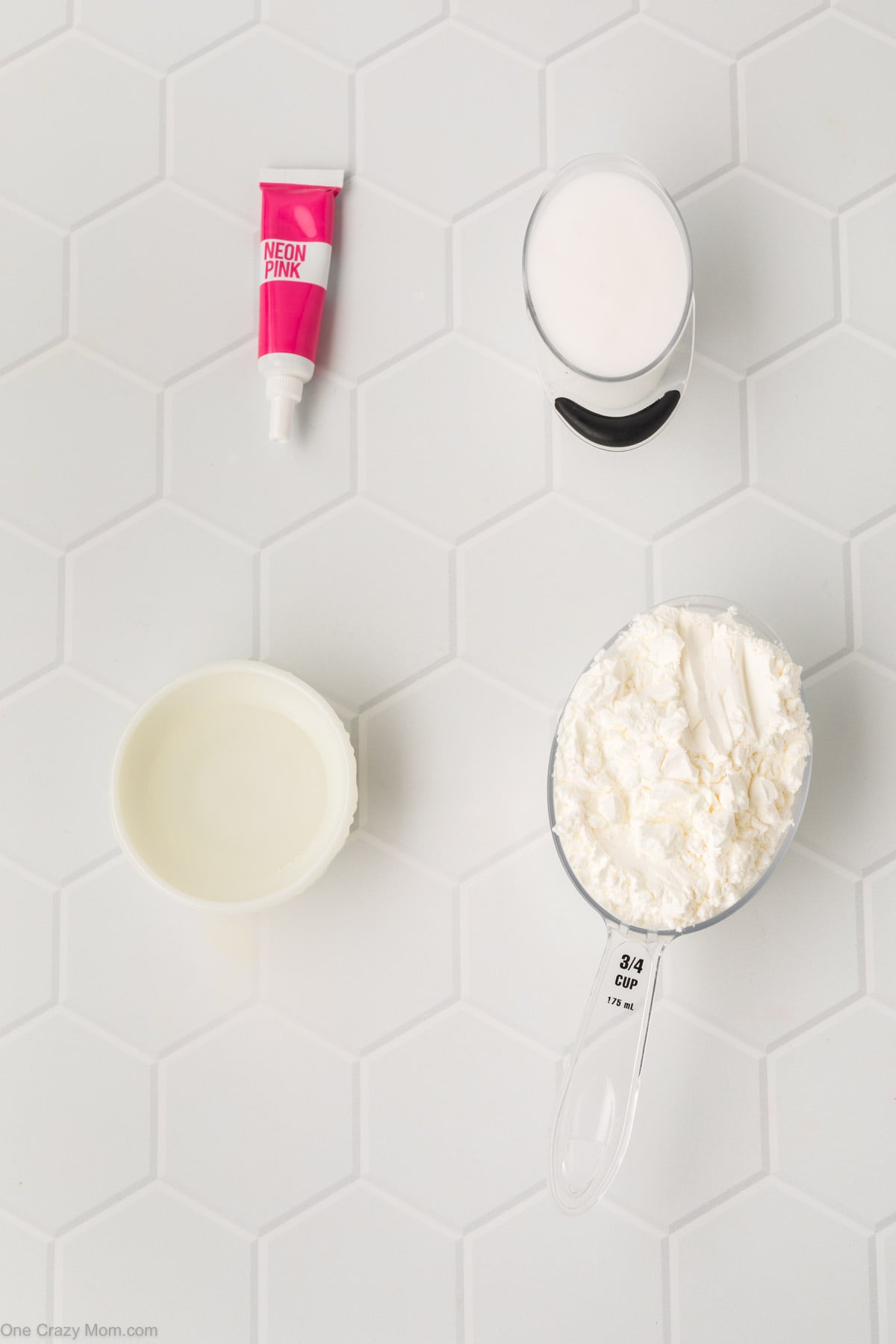 Ingredients for cornstarch slime - glue, food coloring, glycerin, cornstarch.